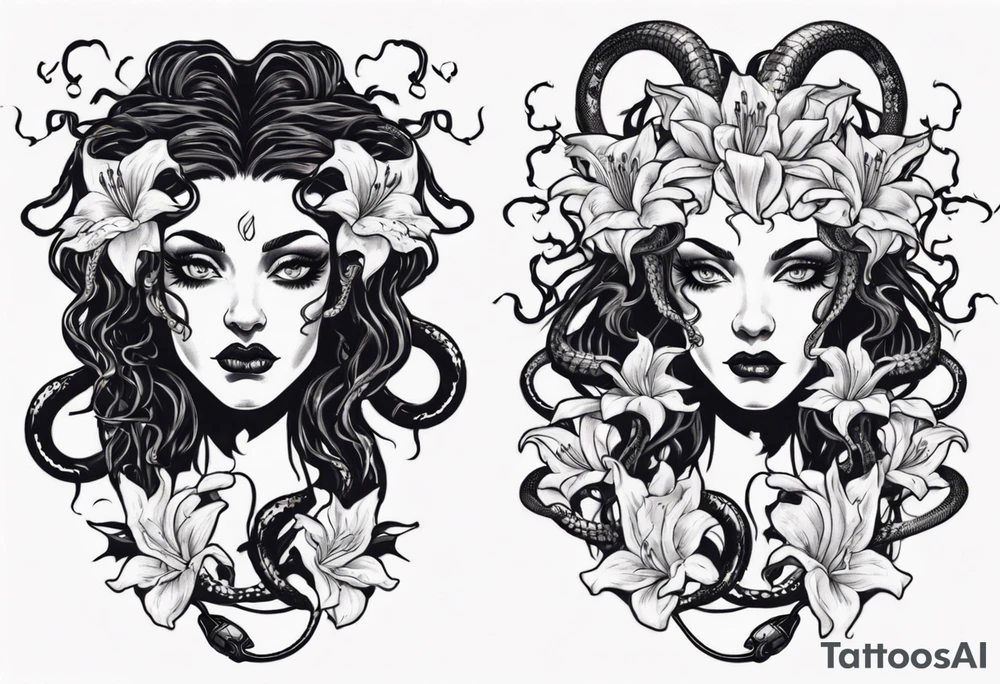 Dark/goth Medusa with white pupils and snake hair. Lilies tattoo idea