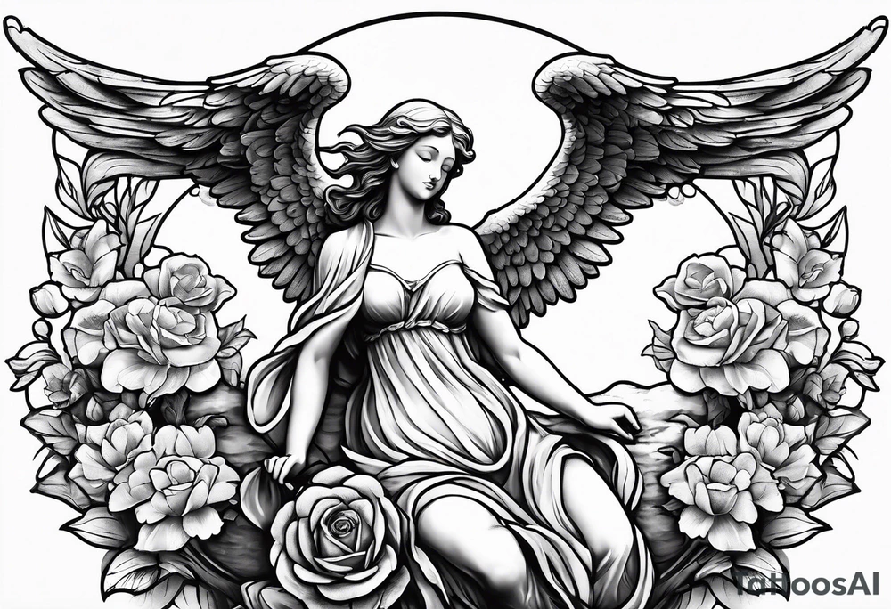 Simple Angel statue stood on a rock with daffodils and roses wrapped around its legs tattoo idea