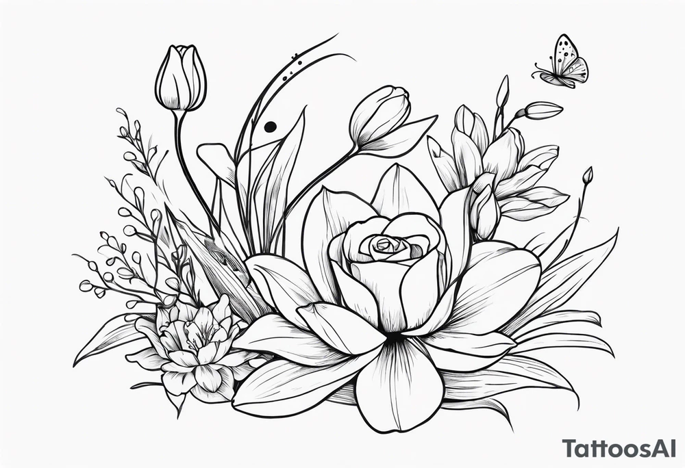 Lily of the valley, rose, greenery, tiny frog, tulips, grasses lower arm tattoo idea