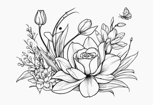 Lily of the valley, rose, greenery, tiny frog, tulips, grasses lower arm tattoo idea