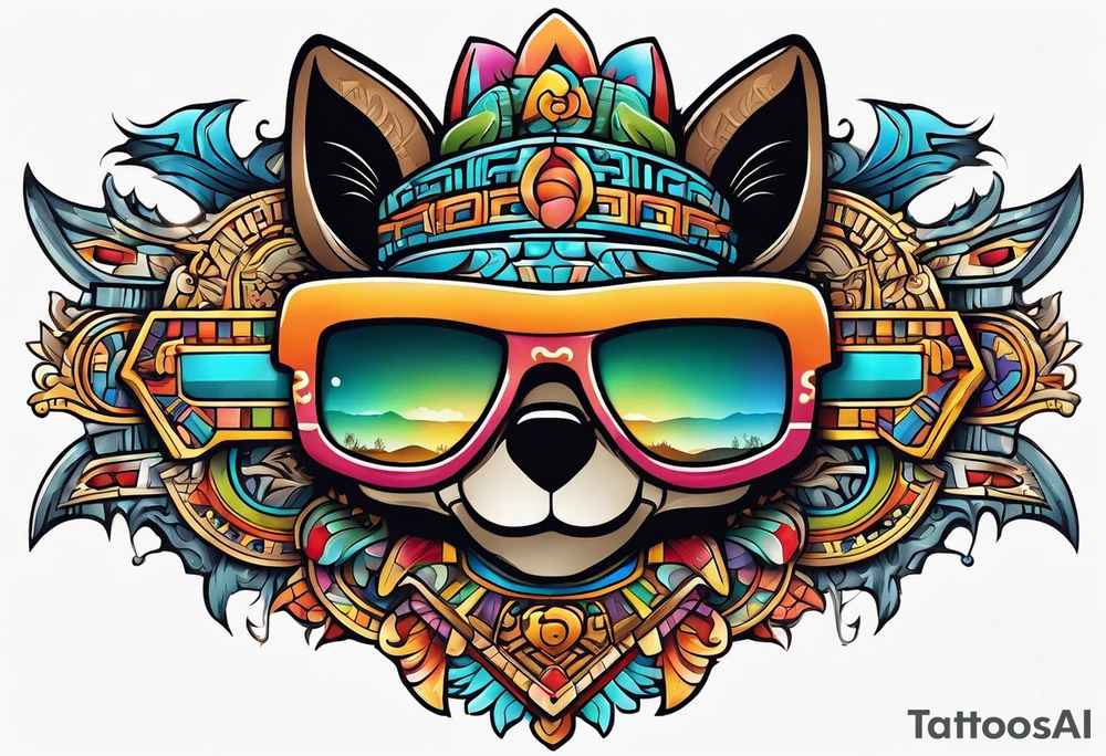 Colorful Mayan hieroglyph wearing sunglasses with bats and water tattoo idea