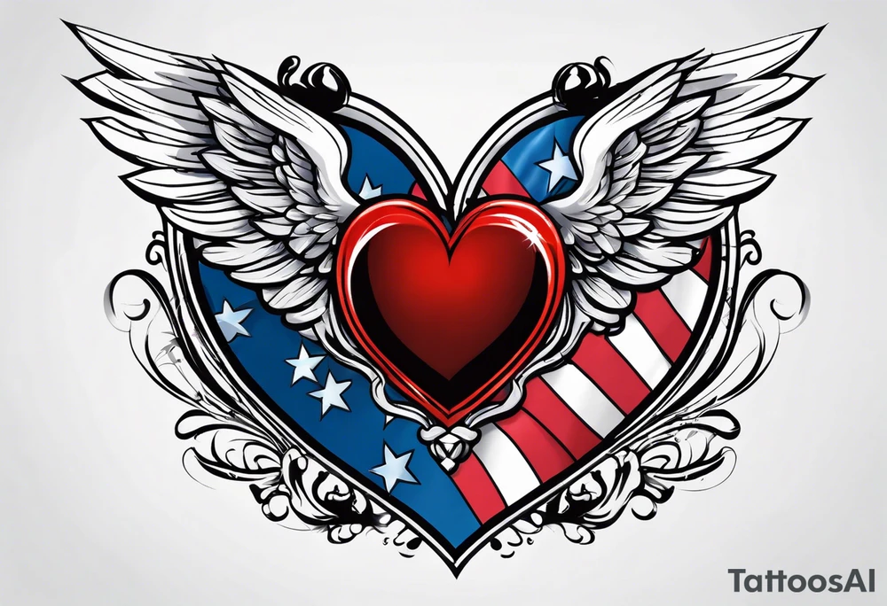 Flag inside of a heart with wings tattoo idea