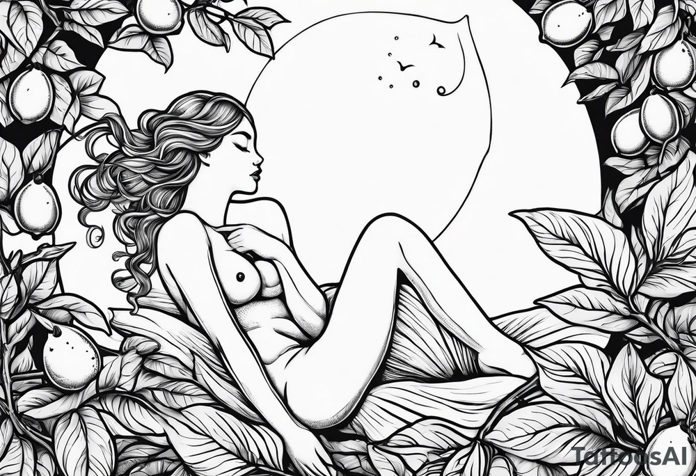 Fairy outline, asleep on a lemon on the branch of a lemon tree. tattoo idea