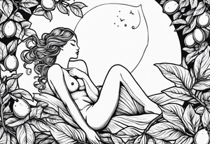Fairy outline, asleep on a lemon on the branch of a lemon tree. tattoo idea