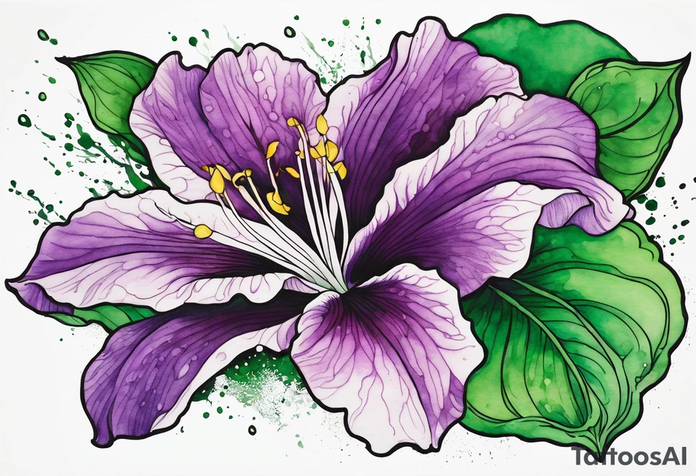 An outline of a rio dipladenia flower with green/purple pedals and a green/purple watercolor splash in the background tattoo idea