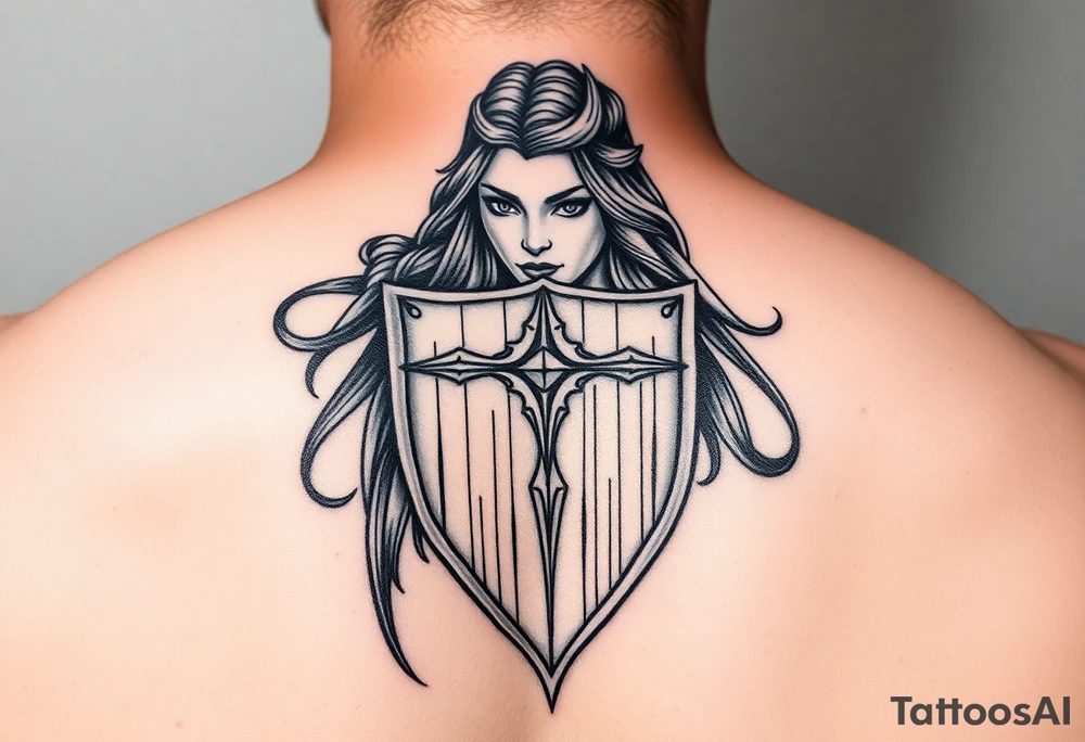 Shield maiden, black work, intricate lines tattoo idea
