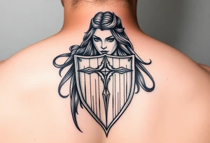Shield maiden, black work, intricate lines tattoo idea