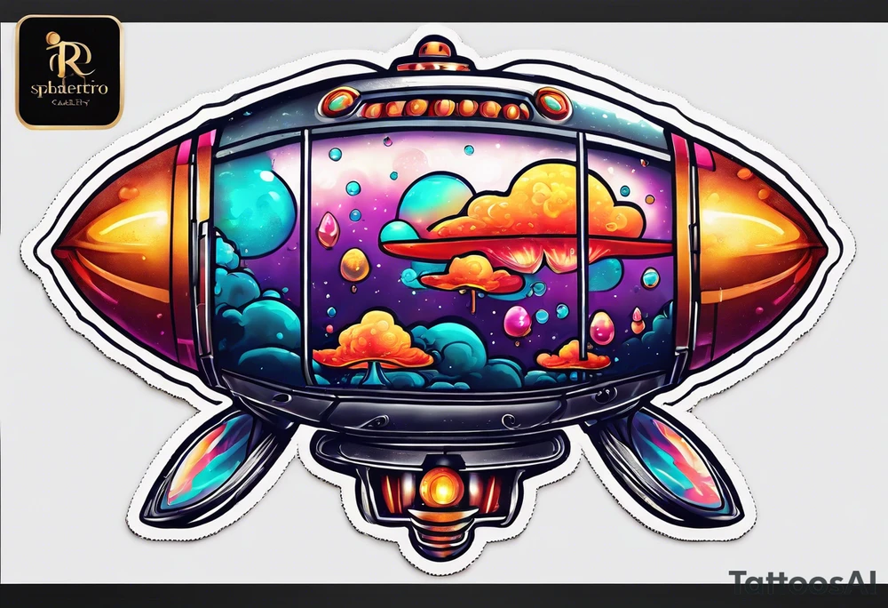 thin rocketship with a psychedelic mushroom top with fire coming out the bottom bursting out of bubble as the bubble pops tattoo idea