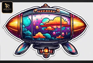 thin rocketship with a psychedelic mushroom top with fire coming out the bottom bursting out of bubble as the bubble pops tattoo idea