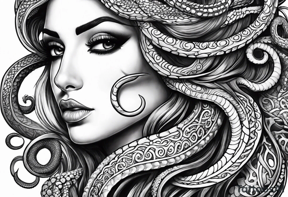 Middle eastern Medusa tattoo with a beautiful face only showing from the nose up. Octopus tentacles for hair tattoo idea