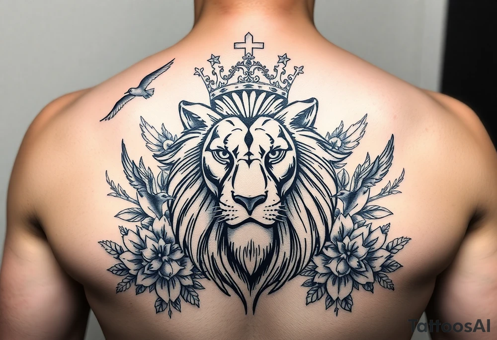 powerful majestic lion with a crown, surrounded by floral ornaments and birds tattoo idea