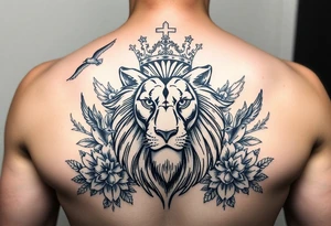 powerful majestic lion with a crown, surrounded by floral ornaments and birds tattoo idea