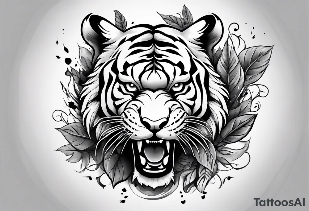 Fierce tigger growling with leaves and smoke around the image tattoo idea