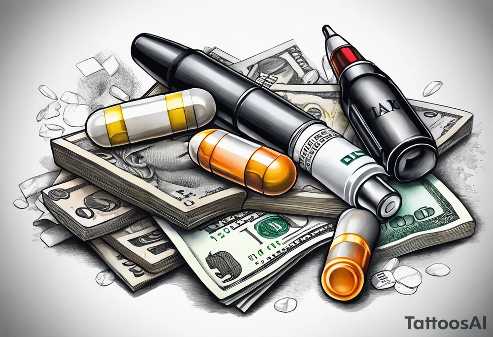 pills, drugs, euro bank notes and currency, bank cheques, police, walkietalkies tattoo idea