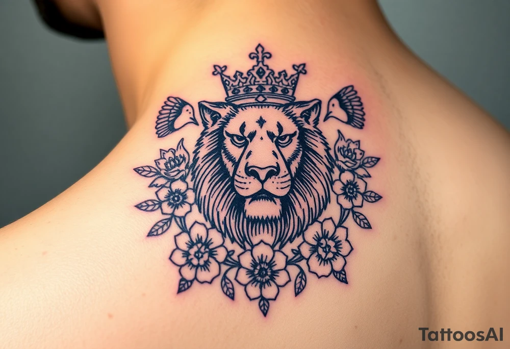 powerful majestic lion with a crown, surrounded by floral ornaments and birds tattoo idea