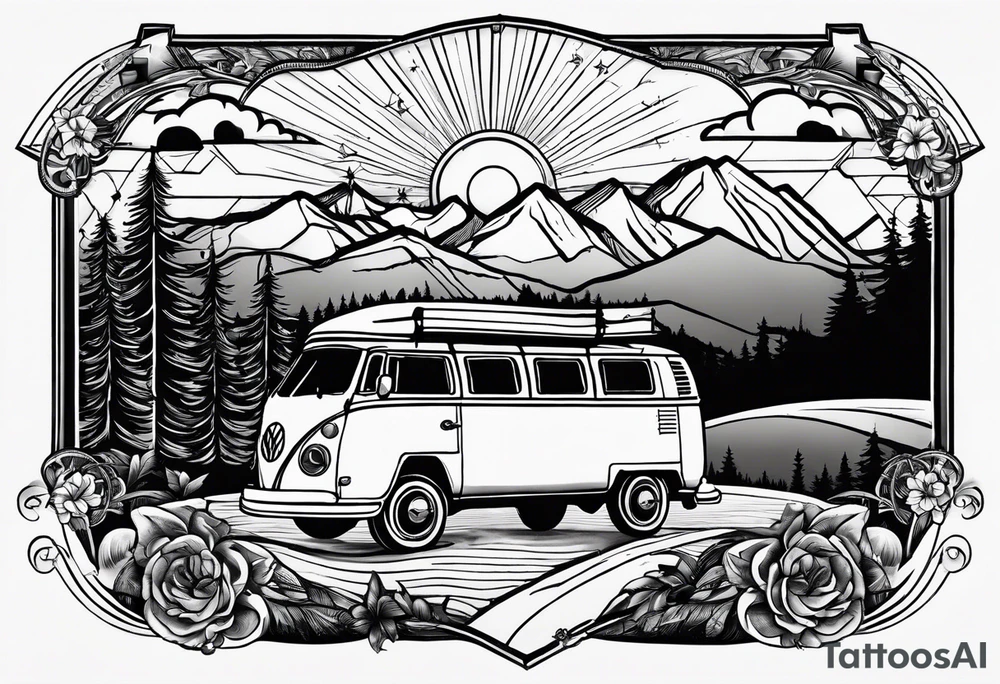 directional Compass rose, mountains and VW Komi campervan tattoo idea