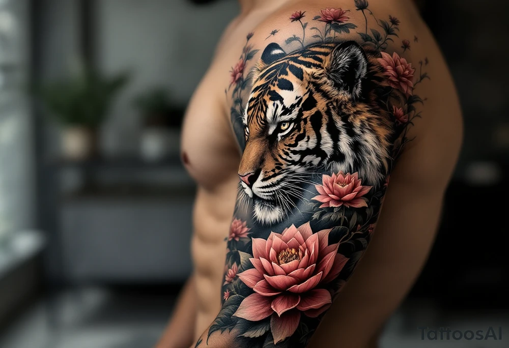 fierce tiger emerging through blooming lotus flowers in mist tattoo idea