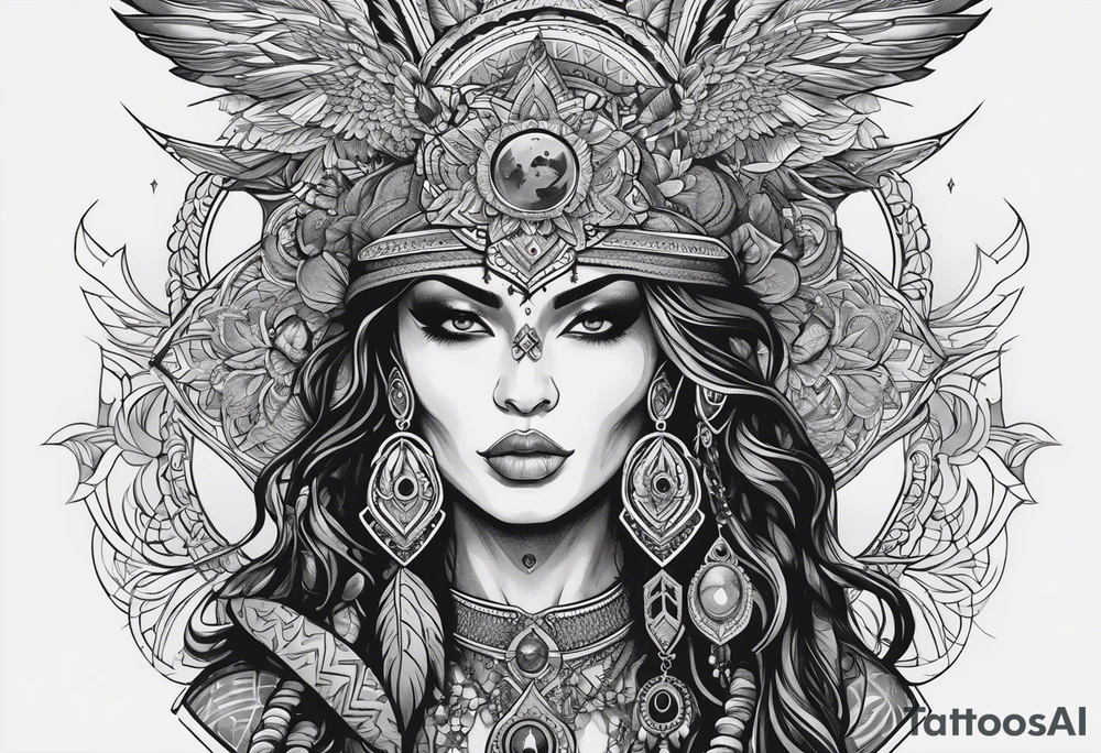 black kali, goddess pirate, alien, pachamama, valkrye, warrior, skull, lotus azul, wing, eagle, zenza resonance, stars, 5D, anahata chakra tattoo idea