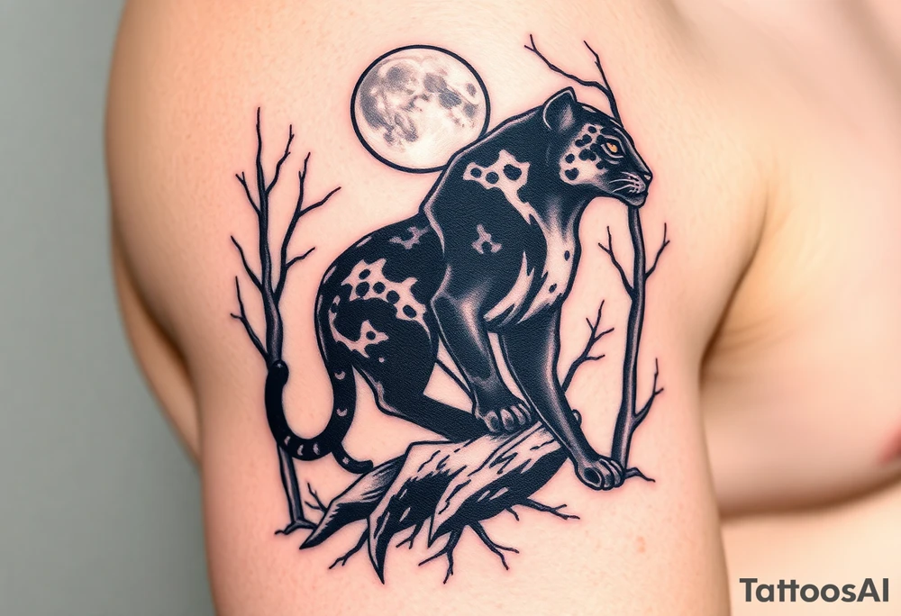 A Black leopard in the woods with moon in sky tattoo idea