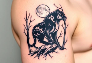A Black leopard in the woods with moon in sky tattoo idea