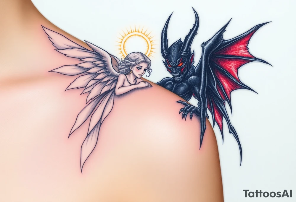 A radiant angel, with soft white wings and a glowing halo, surrounded by light, juxtaposed against a dark demon, with jagged black wings and fiery red eyes, symbolizing the ultimate conflict between good and evil. tattoo idea