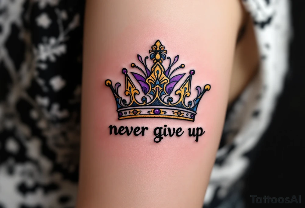 A queen crown above "never give up" in royal purple and dark gold, signifying resilience and self-worth. tattoo idea
