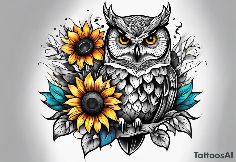 Sleeve Owl with colorful sunflowers tattoo idea