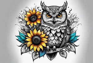 Sleeve Owl with colorful sunflowers tattoo idea