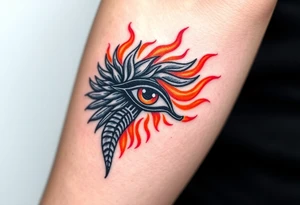 A fire-themed Eye of Horus, with glowing orange and red flames dancing around, symbolizing transformation and power tattoo idea