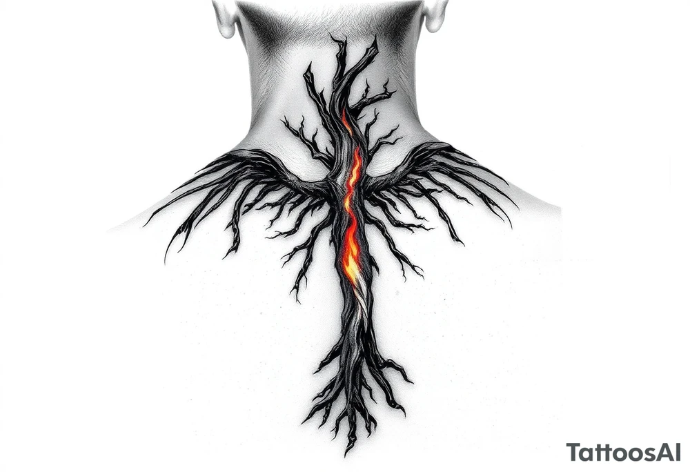 1. “Burnt Offerings”
Theme: Healing through destruction.
Visual: Charred tree roots climbing up your spine, turning into flames halfway, then slowly transforming into skeletal wings—unfinished, like you stopped mid-rebirth. The middle of the spine glows dimly, like coals never fully put out.
Vibe: You survived, but not clean. You carry the burn. tattoo idea