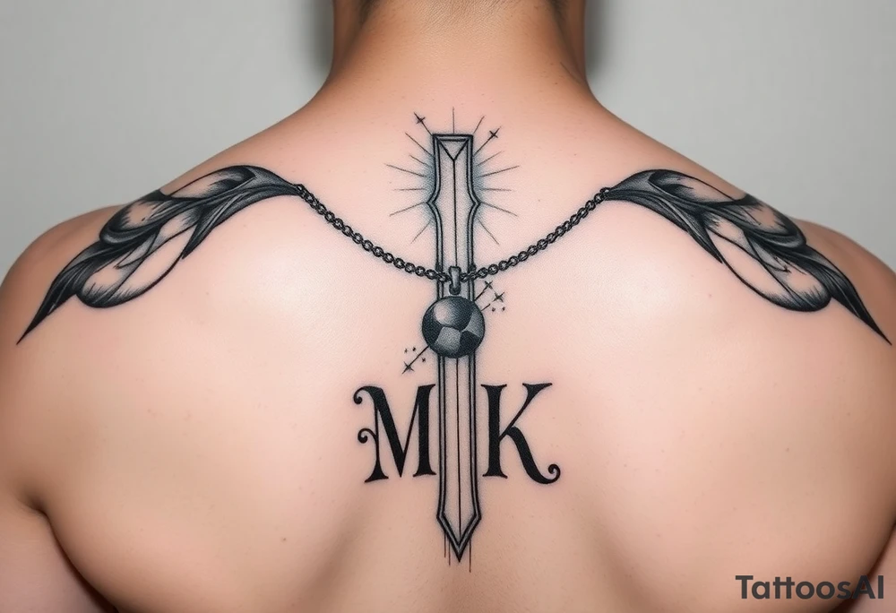 Cross with necklace on leg with initial MK tattoo idea