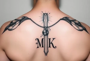Cross with necklace on leg with initial MK tattoo idea