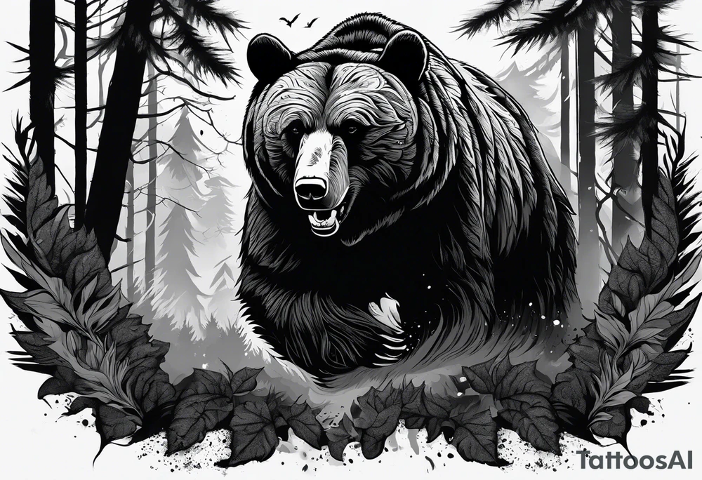 Bear growling face first in a cloudy forest. With fierce warriors in the background. Make the picture very detailed and smoke in the back creating a trail effect tattoo idea