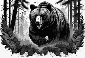 Bear growling face first in a cloudy forest. With fierce warriors in the background. Make the picture very detailed and smoke in the back creating a trail effect tattoo idea