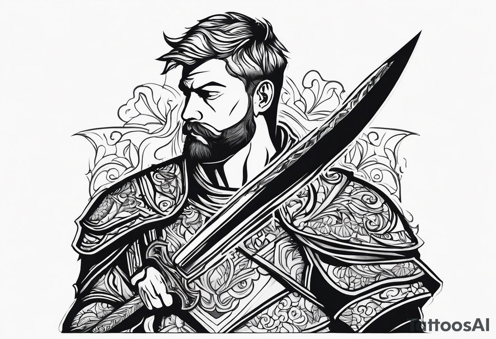 the high part of a knigh, with a sword over his shoulder. Looking sideways tattoo idea