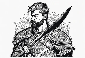 the high part of a knigh, with a sword over his shoulder. Looking sideways tattoo idea