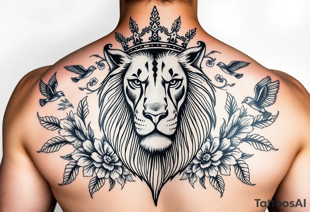 powerful majestic lion with a crown, surrounded by floral ornaments and birds tattoo idea