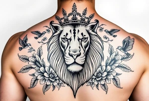 powerful majestic lion with a crown, surrounded by floral ornaments and birds tattoo idea