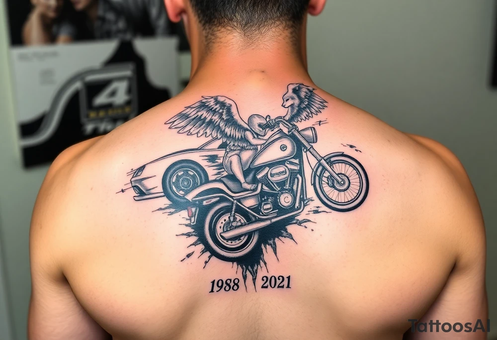 Dale Earnhardt car on it with the year 1958 - 2021 intertwined with a motorcycle on it with guardian angel wolves tattoo idea