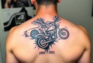 Dale Earnhardt car on it with the year 1958 - 2021 intertwined with a motorcycle on it with guardian angel wolves tattoo idea
