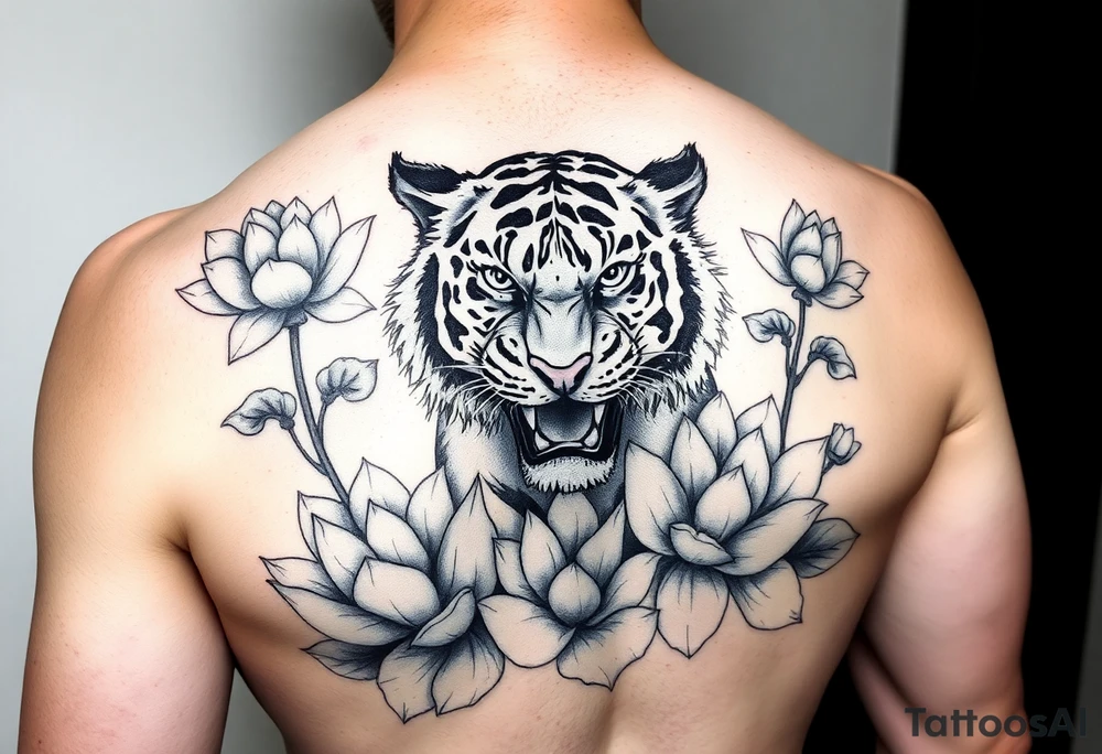 fierce tiger emerging through blooming lotus flowers in mist tattoo idea