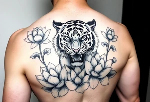 fierce tiger emerging through blooming lotus flowers in mist tattoo idea