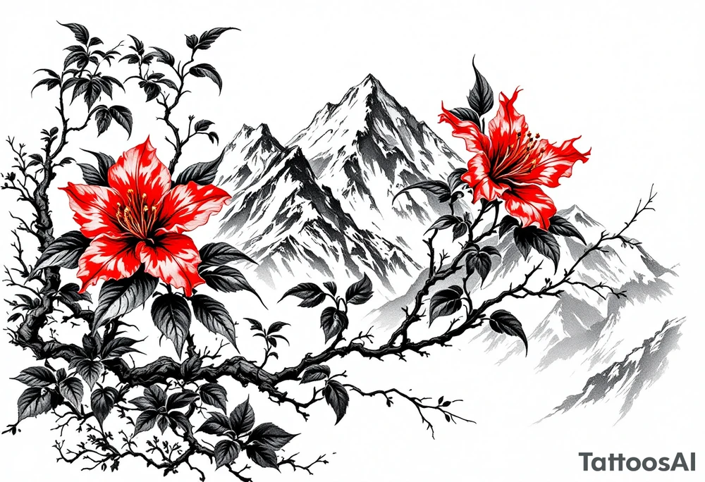 vertical wrist size red  and black rhododendron trippy with Himalayas behind tattoo idea