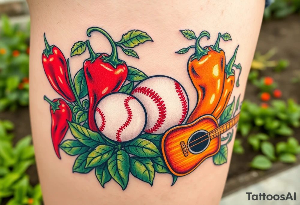Super hot pepper plants, hot sauce, baseball, acoustic guitar, trumpet, with a gardening background tattoo idea