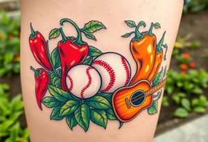 Super hot pepper plants, hot sauce, baseball, acoustic guitar, trumpet, with a gardening background tattoo idea