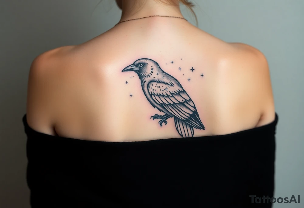 Raven with starry sky background with zodiac constellations in it with runes in sky tattoo idea