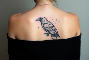 Raven with starry sky background with zodiac constellations in it with runes in sky tattoo idea