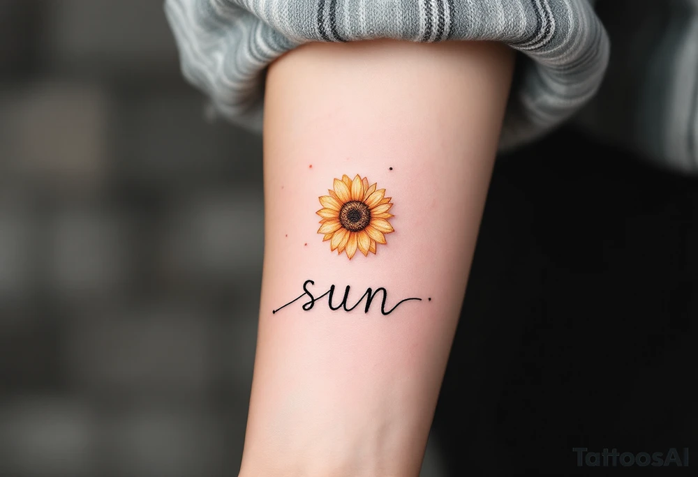 Word "Sun" written vertical with small sunflower in pink tattoo idea