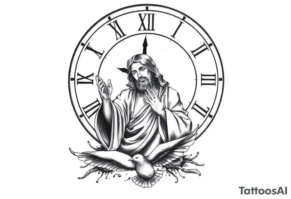 Clock in background, jesus praying, the creation of adam, dove in the bottom of the tattoo tattoo idea