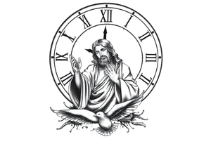 Clock in background, jesus praying, the creation of adam, dove in the bottom of the tattoo tattoo idea